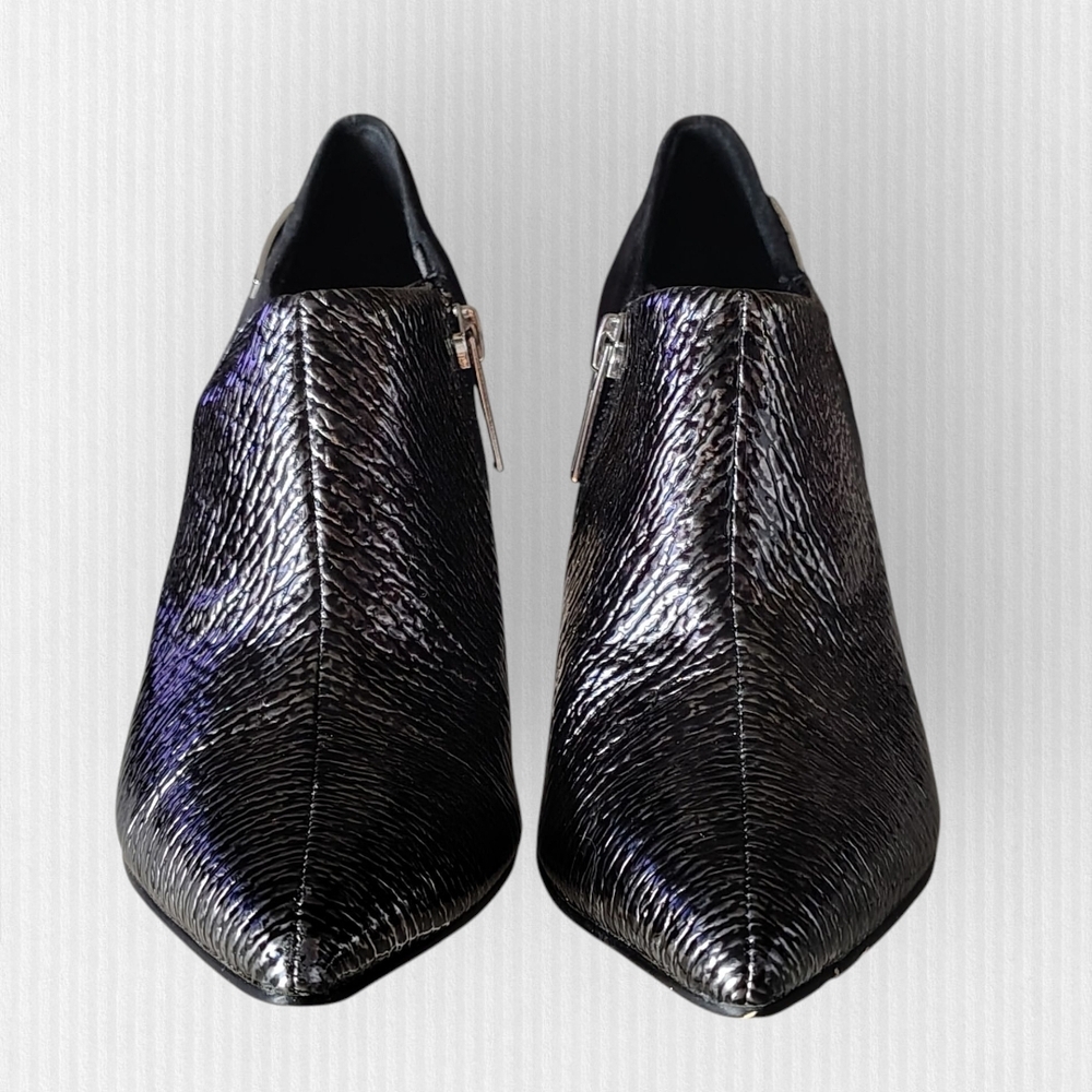 Calvin Klein Black Metallic Textured Leather Pointed Toe Ankle Booties
